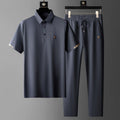 Men’s Short Sleeve Polo Shirt and Trousers Set with Button Placket and Drawstring Waist