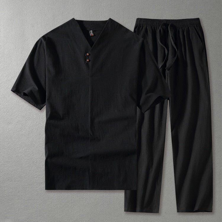 Men's Linen Blend V-Neck Short Sleeve Top and Straight Leg Drawstring Trousers Two Piece Set