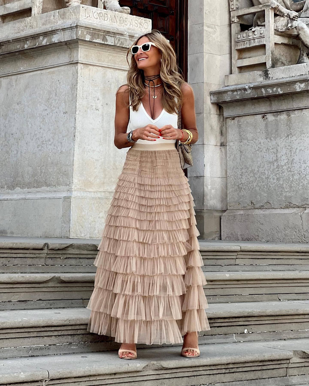 Women's Tiered Tulle Maxi Skirt - Elasticated High Waist and Multi-Layer Ruffles