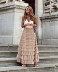 Women's Tiered Tulle Maxi Skirt - Elasticated High Waist and Multi-Layer Ruffles