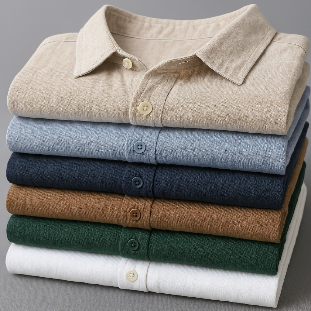 Men's Long-Sleeve Linen Blend Shirt - Point Collar Button-Down Chest Pocket Casual Style