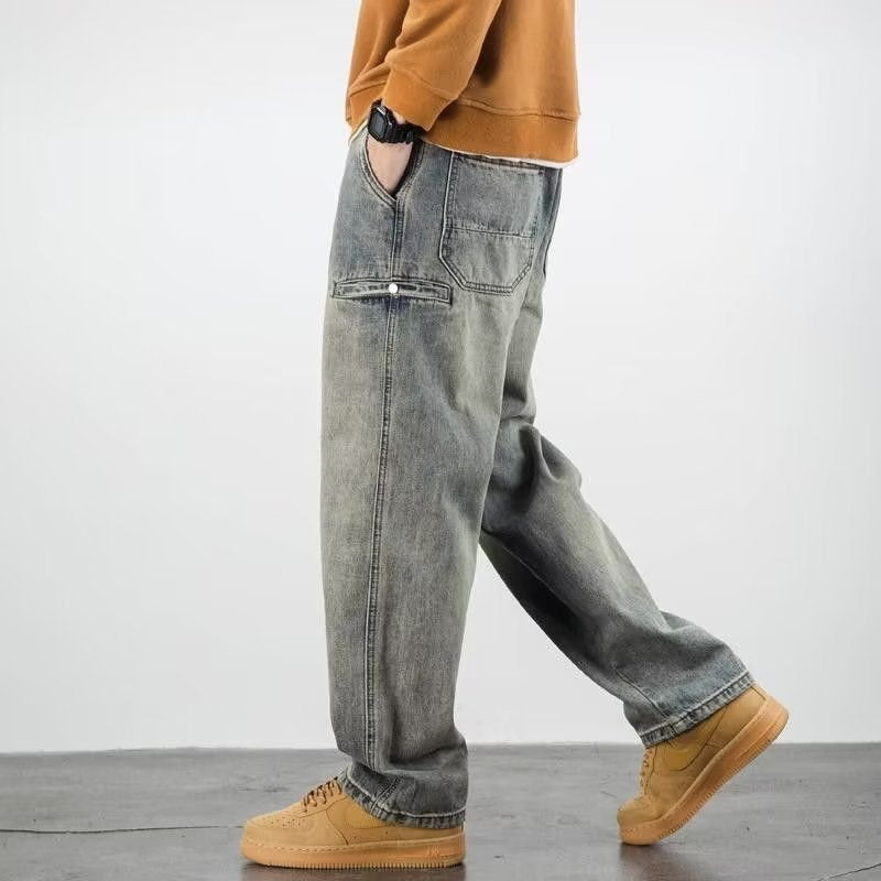 Men's Wide Leg Denim Jeans - Washed Vintage Fade - Patch Pocket Detail - Relaxed Straight Cut