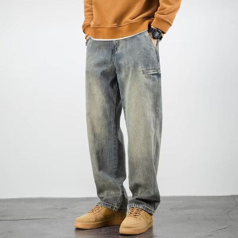 Men's Wide Leg Denim Jeans - Washed Vintage Fade - Patch Pocket Detail - Relaxed Straight Cut