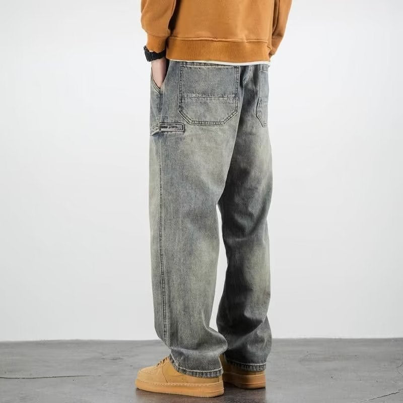 Men's Wide Leg Denim Jeans - Washed Vintage Fade - Patch Pocket Detail - Relaxed Straight Cut