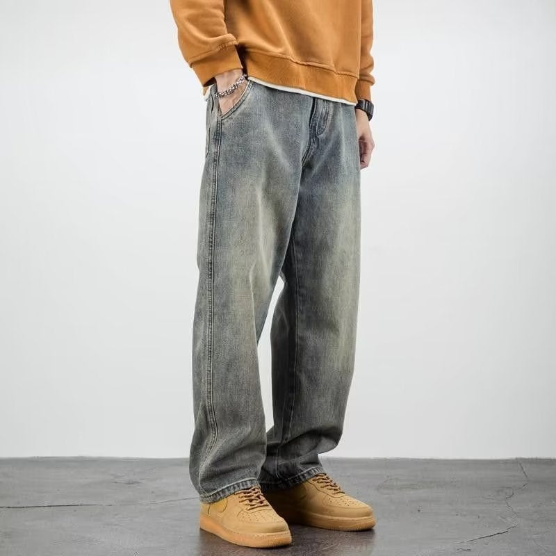 Men's Wide Leg Denim Jeans - Washed Vintage Fade - Patch Pocket Detail - Relaxed Straight Cut