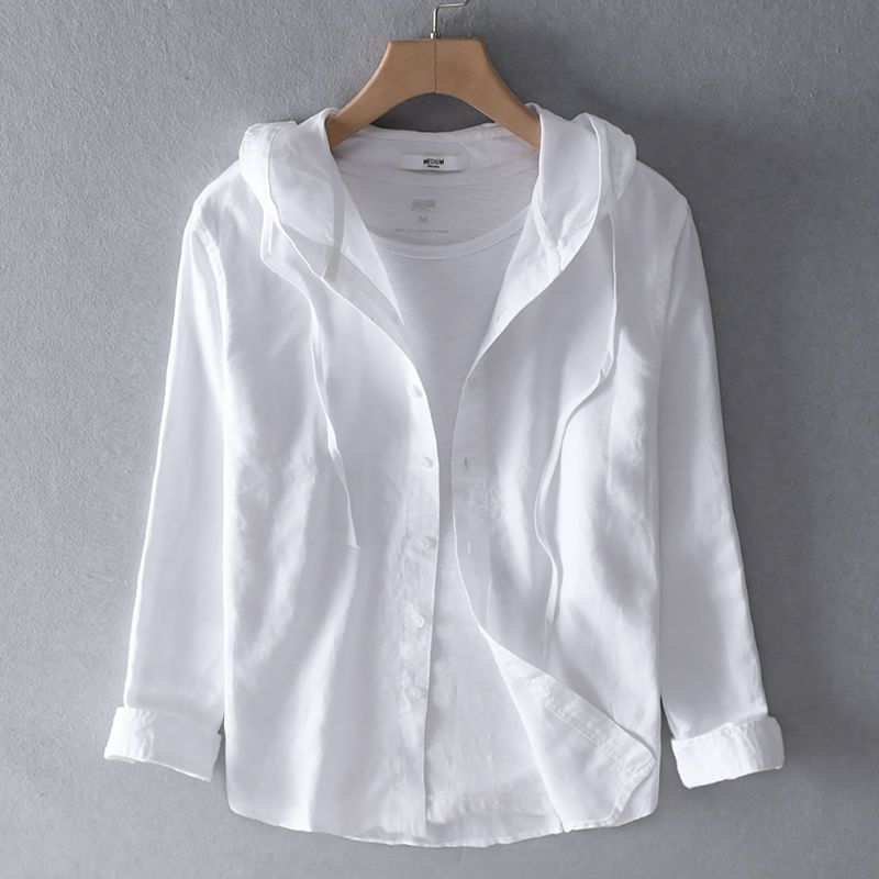 Men's Long-Sleeve Linen Blend Hooded Shirt - Casual Button-Front Shirt with Drawstring Hood and Curved Hem