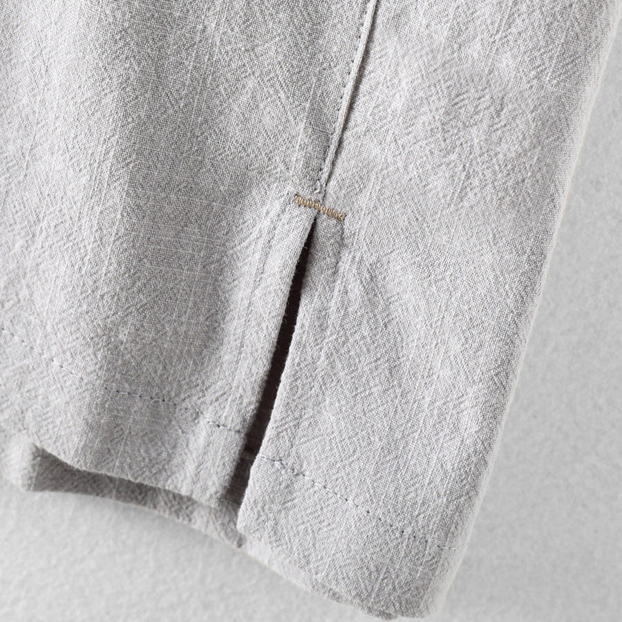Men's Short-Sleeve Linen Blend Pull-On Shirt - Casual Summer Point Collar Two-Button Top