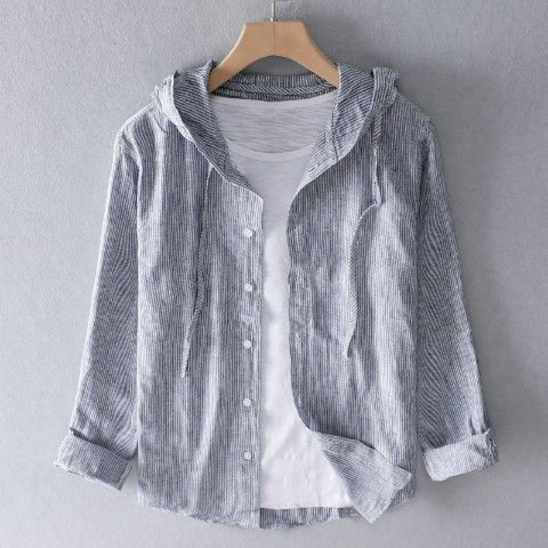 Men's Long-Sleeve Linen Blend Hooded Shirt - Casual Button-Front Shirt with Drawstring Hood and Curved Hem