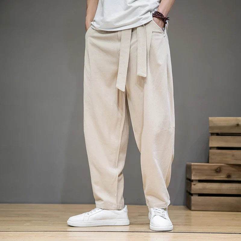 Men's Wide-Leg Tapered Trousers - Cotton Linen Blend - Casual Elastic Waist Wrap-Detail Pants with Tie-Front