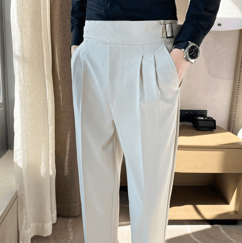 High Waisted Pleated Men's Formal Straight Fit Trousers