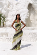 Women's Halter Neck Maxi Dress - Backless V-Neck Abstract Print Formal Maxi