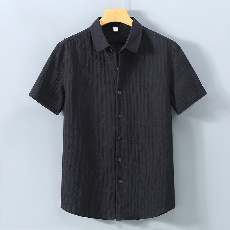 Men's Short Sleeve Button-Up Shirt - Textured Stripe - Point Collar - Casual Summer