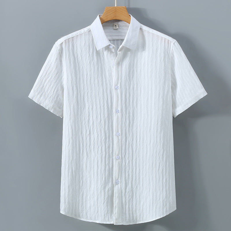 Men's Short Sleeve Button-Up Shirt - Textured Stripe - Point Collar - Casual Summer
