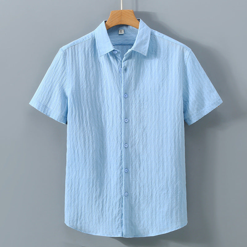 Men's Short Sleeve Button-Up Shirt - Textured Stripe - Point Collar - Casual Summer