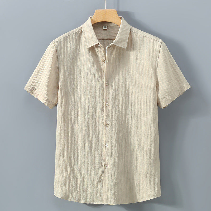 Men's Short Sleeve Button-Up Shirt - Textured Stripe - Point Collar - Casual Summer