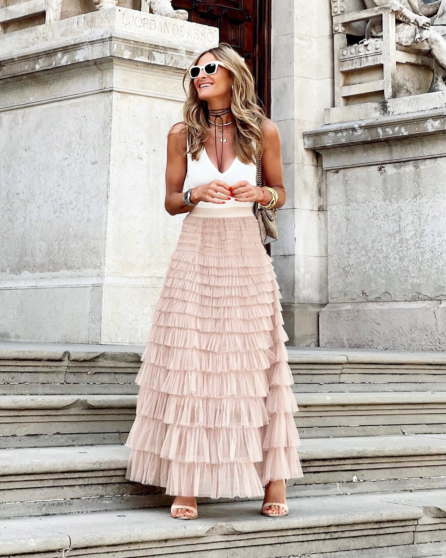 Women's Tiered Tulle Maxi Skirt - Elasticated High Waist and Multi-Layer Ruffles