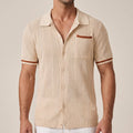 Men's Short-Sleeve Openwork Shirt - Casual Summer Camp Collar Button-Front Shirt with Contrast Tips