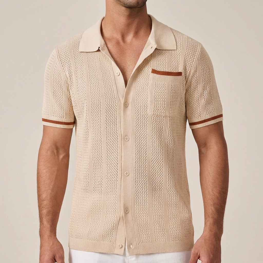 Men's Short-Sleeve Openwork Shirt - Casual Summer Camp Collar Button-Front Shirt with Contrast Tips