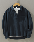 Men's Long-Sleeve Linen Pullover Shirt - Relaxed Fit with Half Placket and Chest Pocket