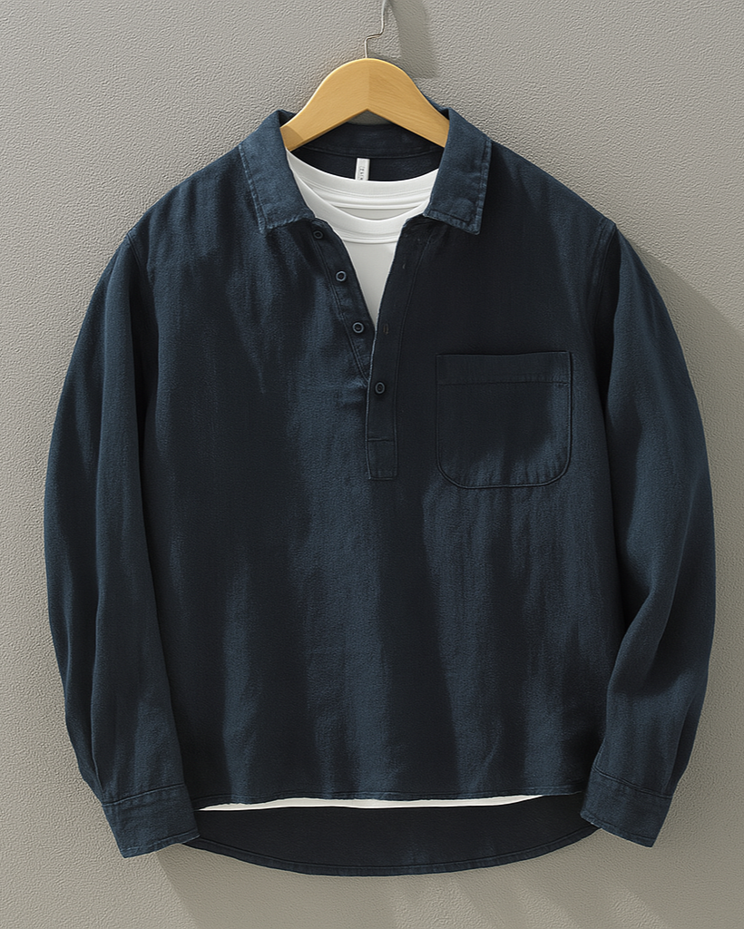Men's Long-Sleeve Linen Pullover Shirt - Relaxed Fit with Half Placket and Chest Pocket