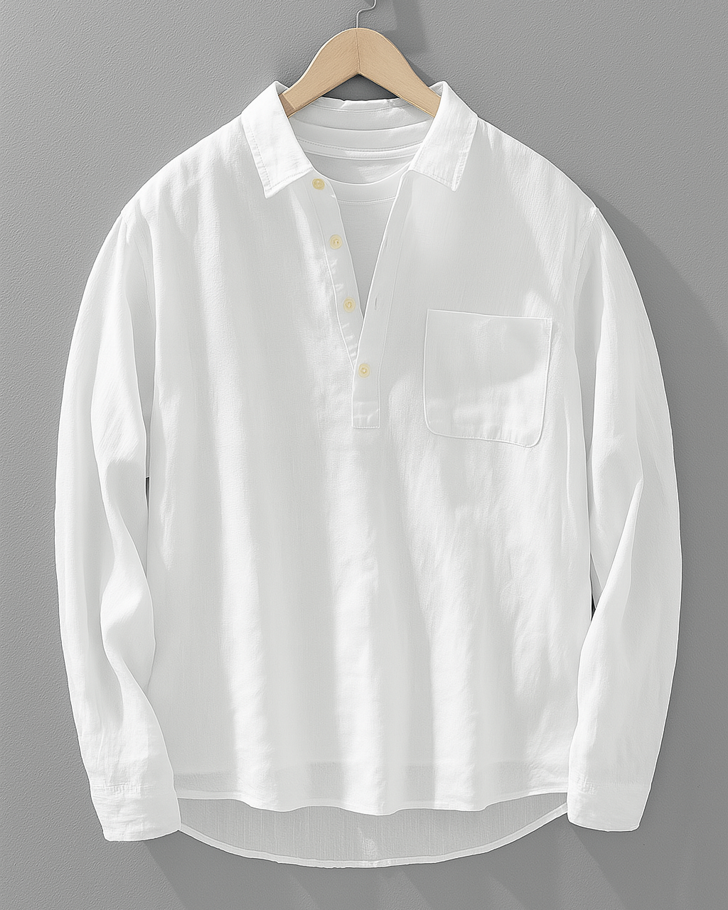 Men's Long-Sleeve Linen Pullover Shirt - Relaxed Fit with Half Placket and Chest Pocket
