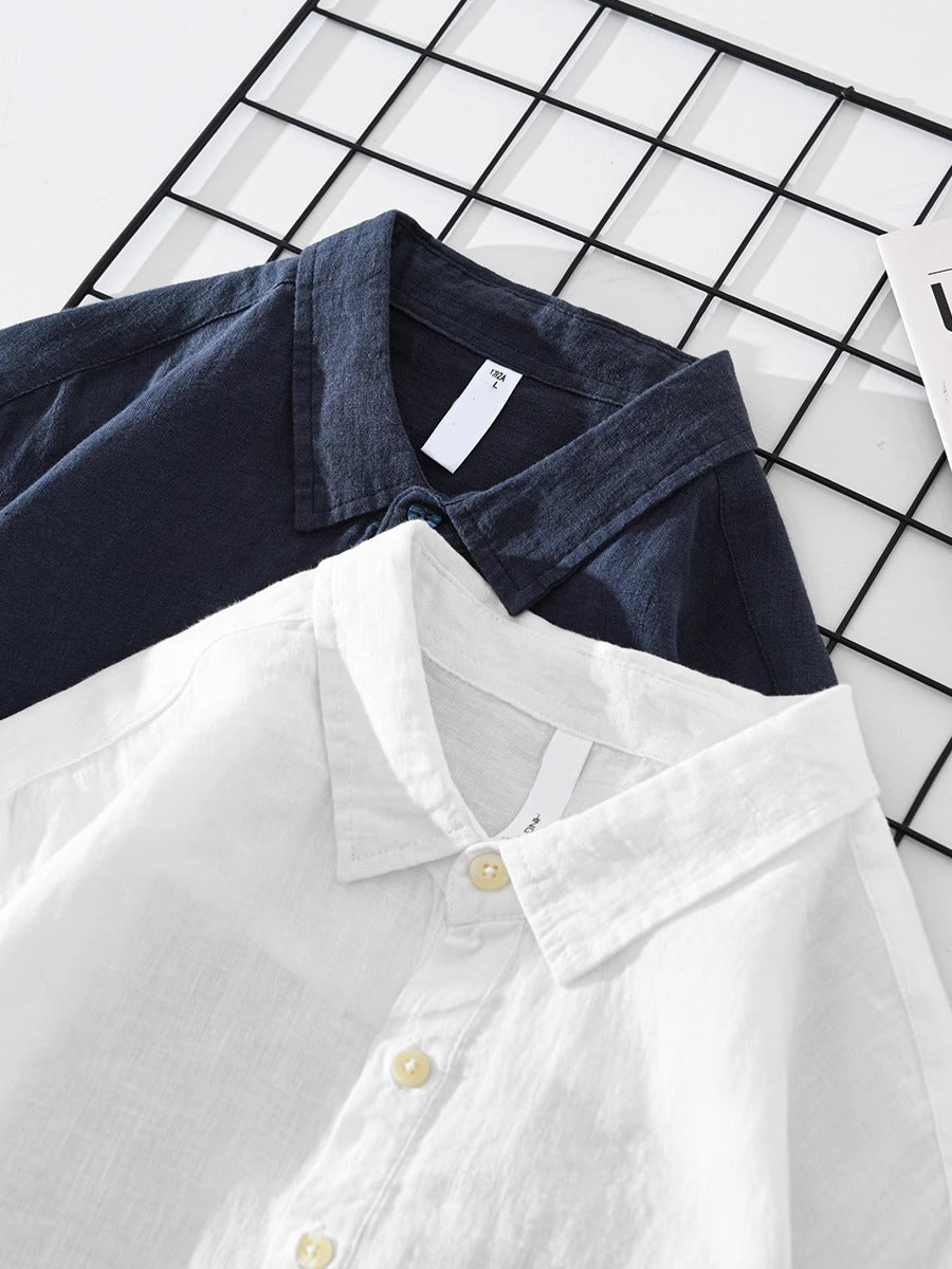 Men's Long-Sleeve Linen Pullover Shirt - Relaxed Fit with Half Placket and Chest Pocket