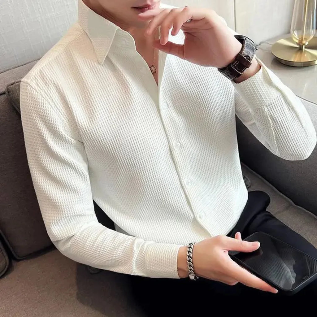 Men’s Slim Fit Long Sleeve Button-Down Shirt with Textured Finish