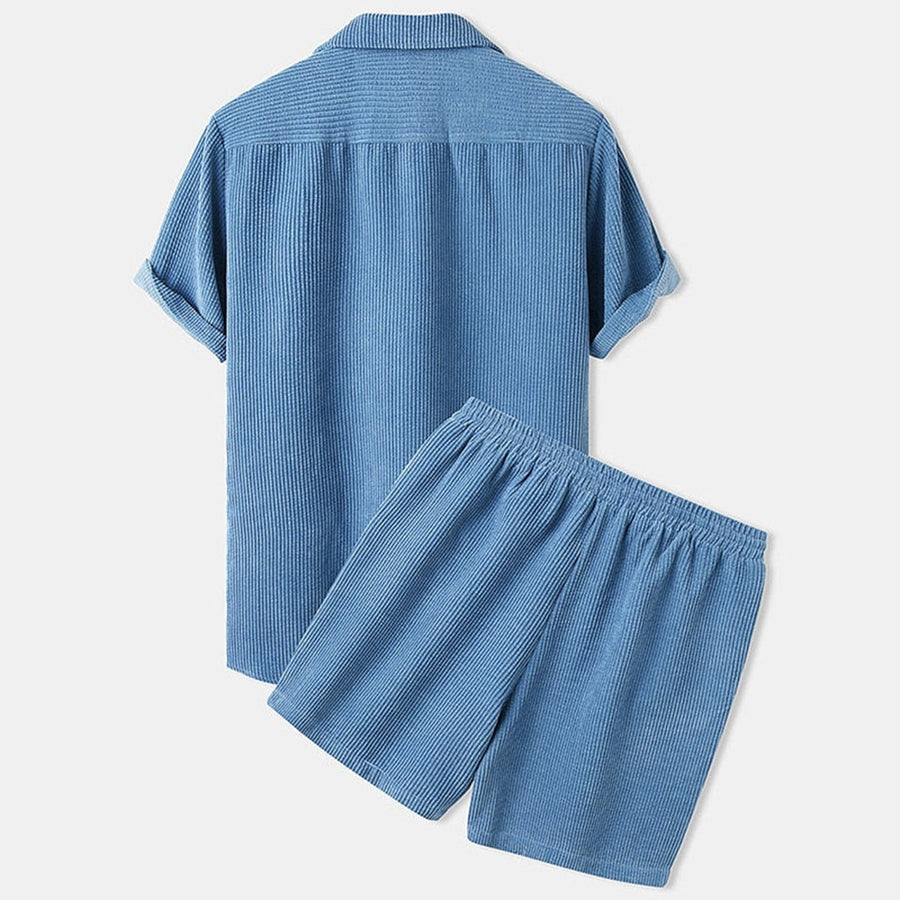 Men’s Two-Piece Set - Textured Short Sleeve Button Shirt and Elasticated Drawstring Shorts Set