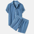 Men’s Two-Piece Set - Textured Short Sleeve Button Shirt and Elasticated Drawstring Shorts Set
