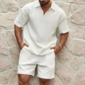 Men's Two-Piece Set - Waffle Texture Short Set - Casual Summer Zip-Polo Short Sleeve Top and Elasticated Shorts