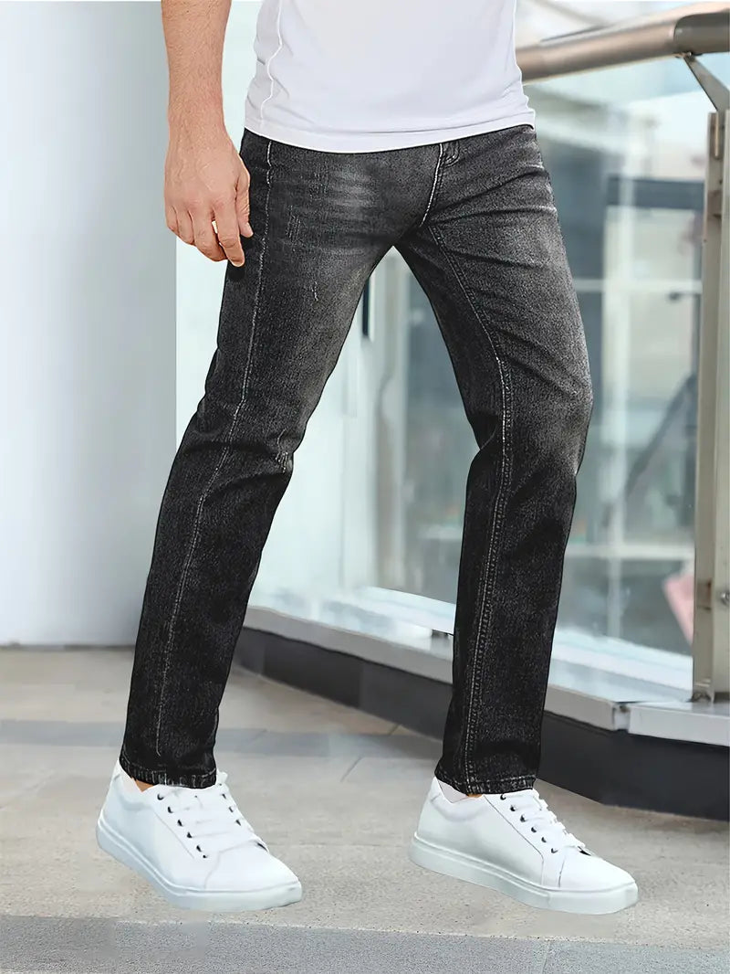 Men’s Mid Rise Straight Cut Jeans with Fly Front and Belt Loops