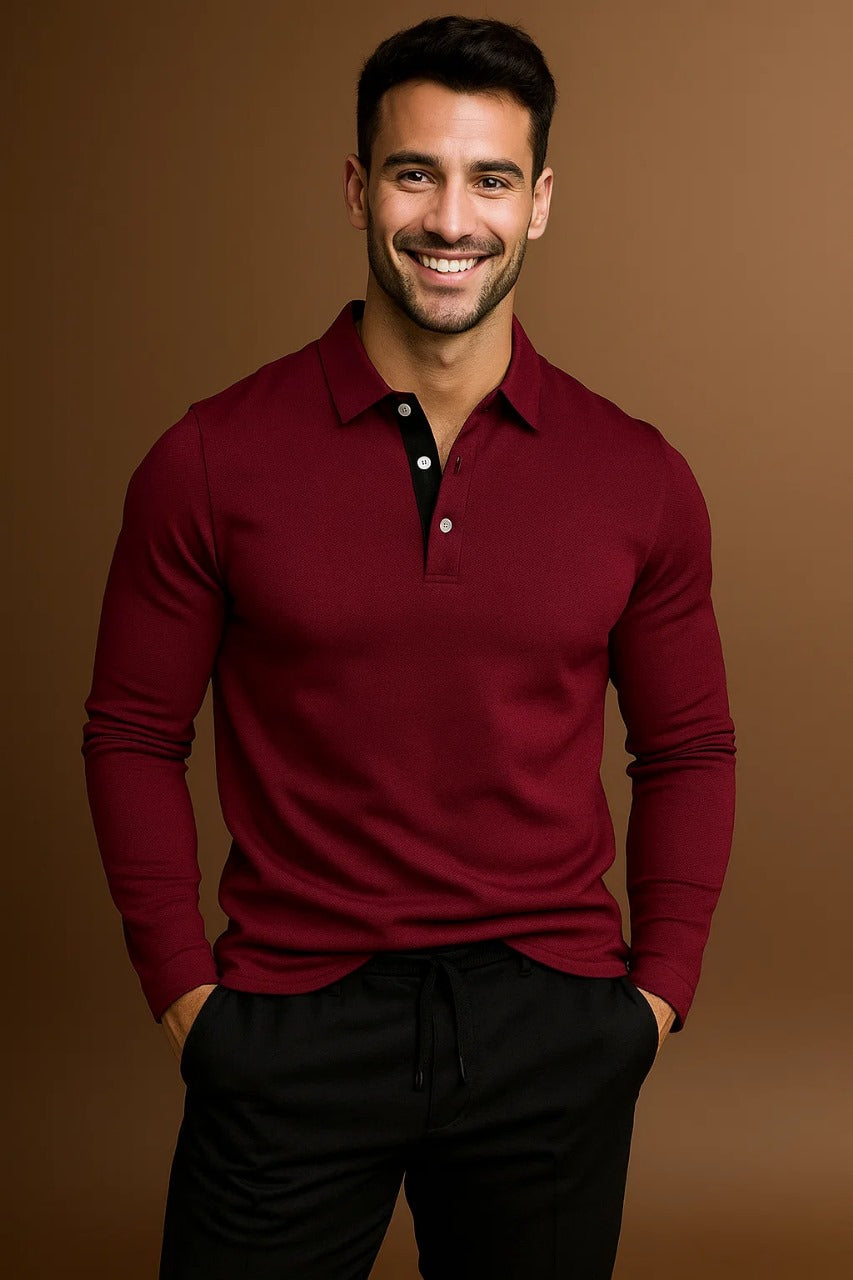 Men’s Long Sleeve Polo Shirt with Collar and Button Placket
