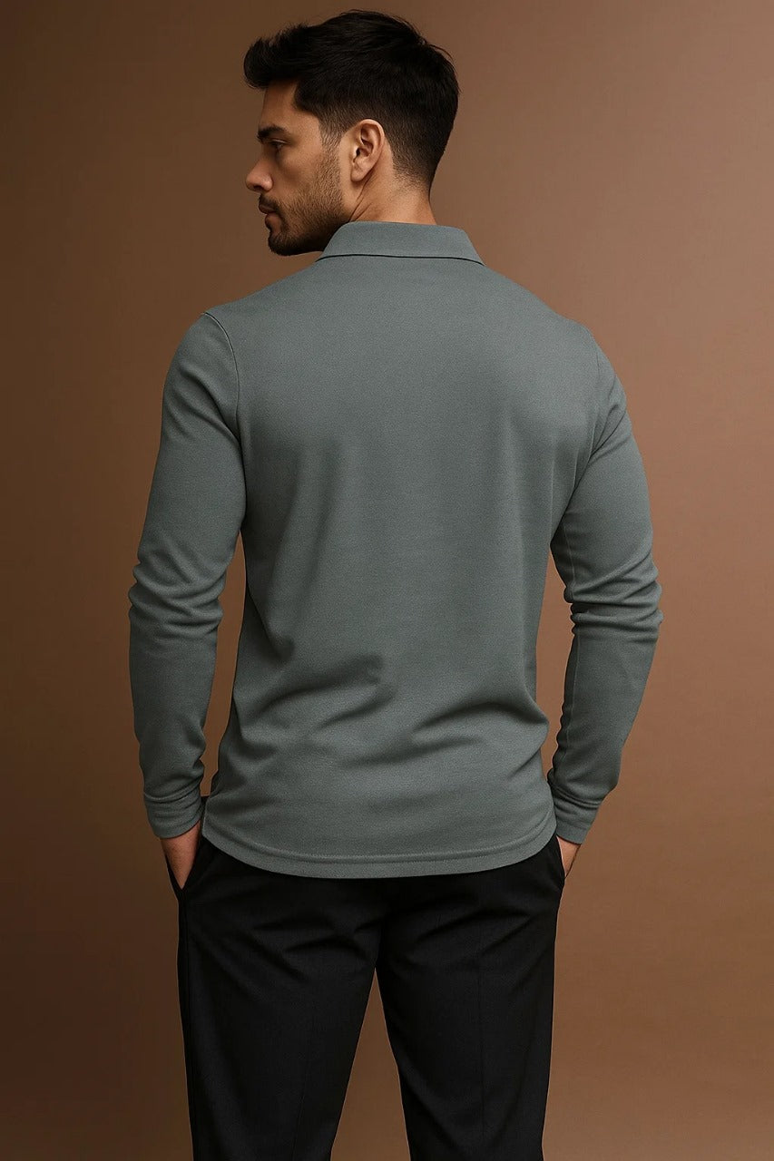 Men’s Long Sleeve Polo Shirt with Collar and Button Placket