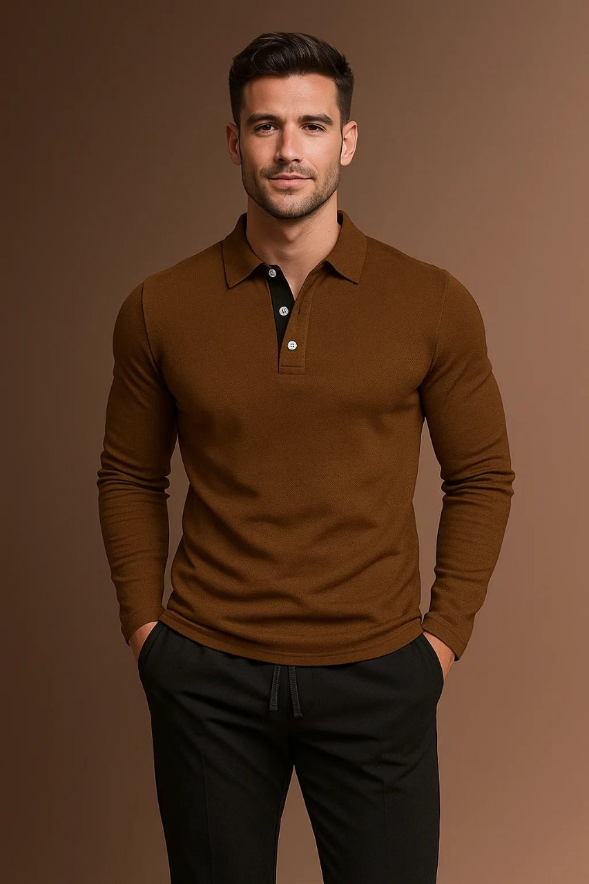 Men’s Long Sleeve Polo Shirt with Collar and Button Placket