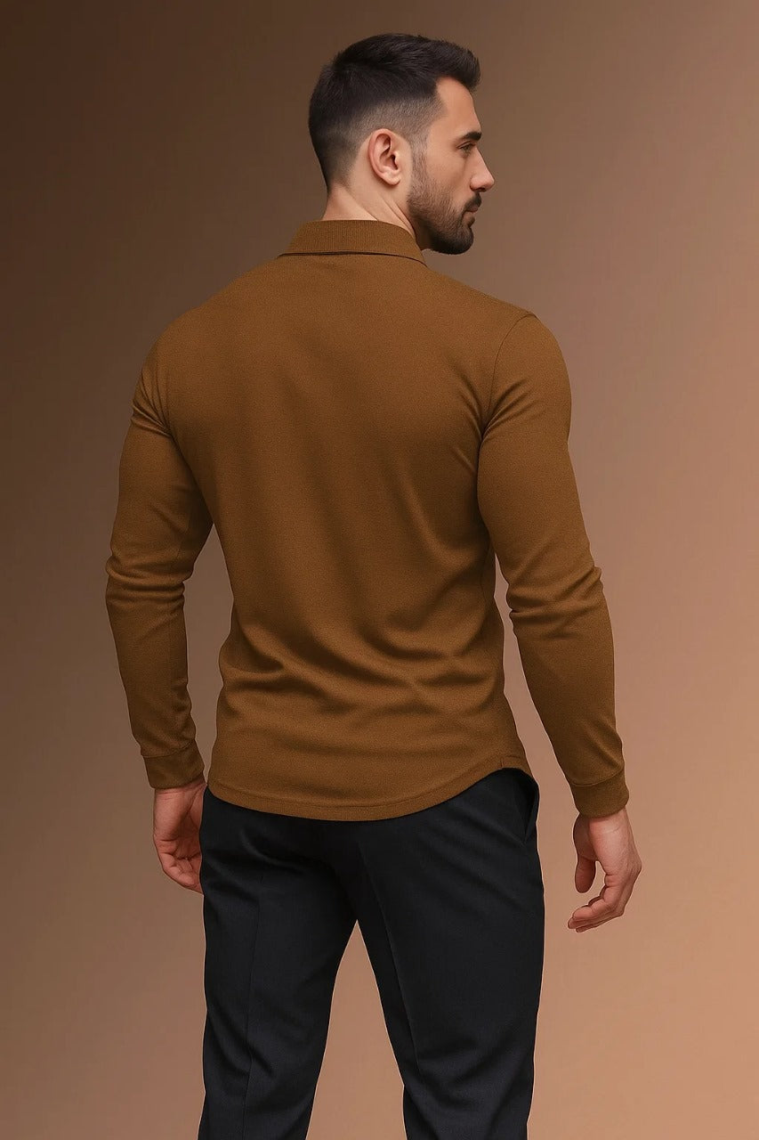 Men’s Long Sleeve Polo Shirt with Collar and Button Placket