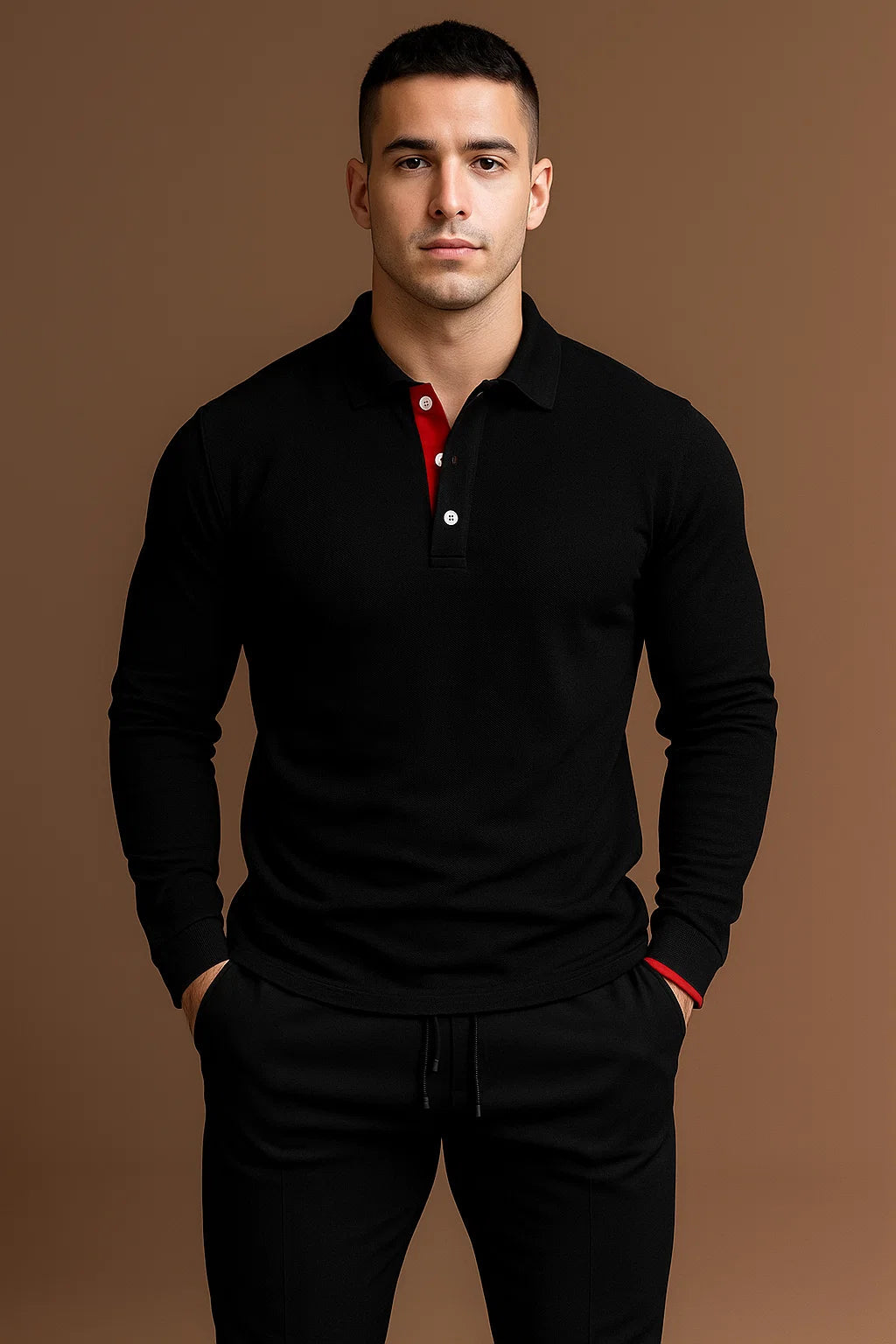 Men’s Long Sleeve Polo Shirt with Collar and Button Placket
