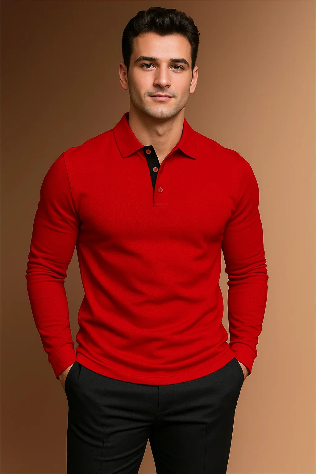 Men’s Long Sleeve Polo Shirt with Collar and Button Placket