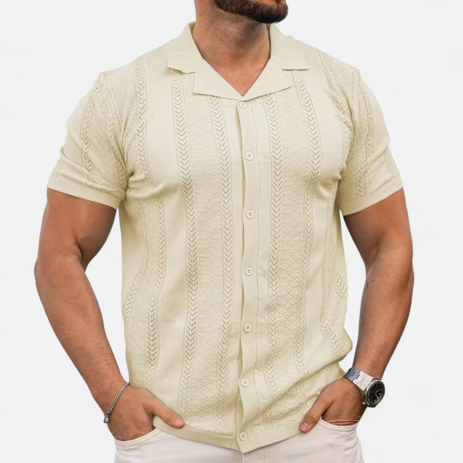 Men's Slim-Fit Knit Cuban Collar Polo - Short Sleeve Chevron Panel Shirt