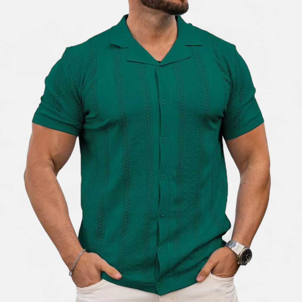 Men's Slim-Fit Knit Cuban Collar Polo - Short Sleeve Chevron Panel Shirt