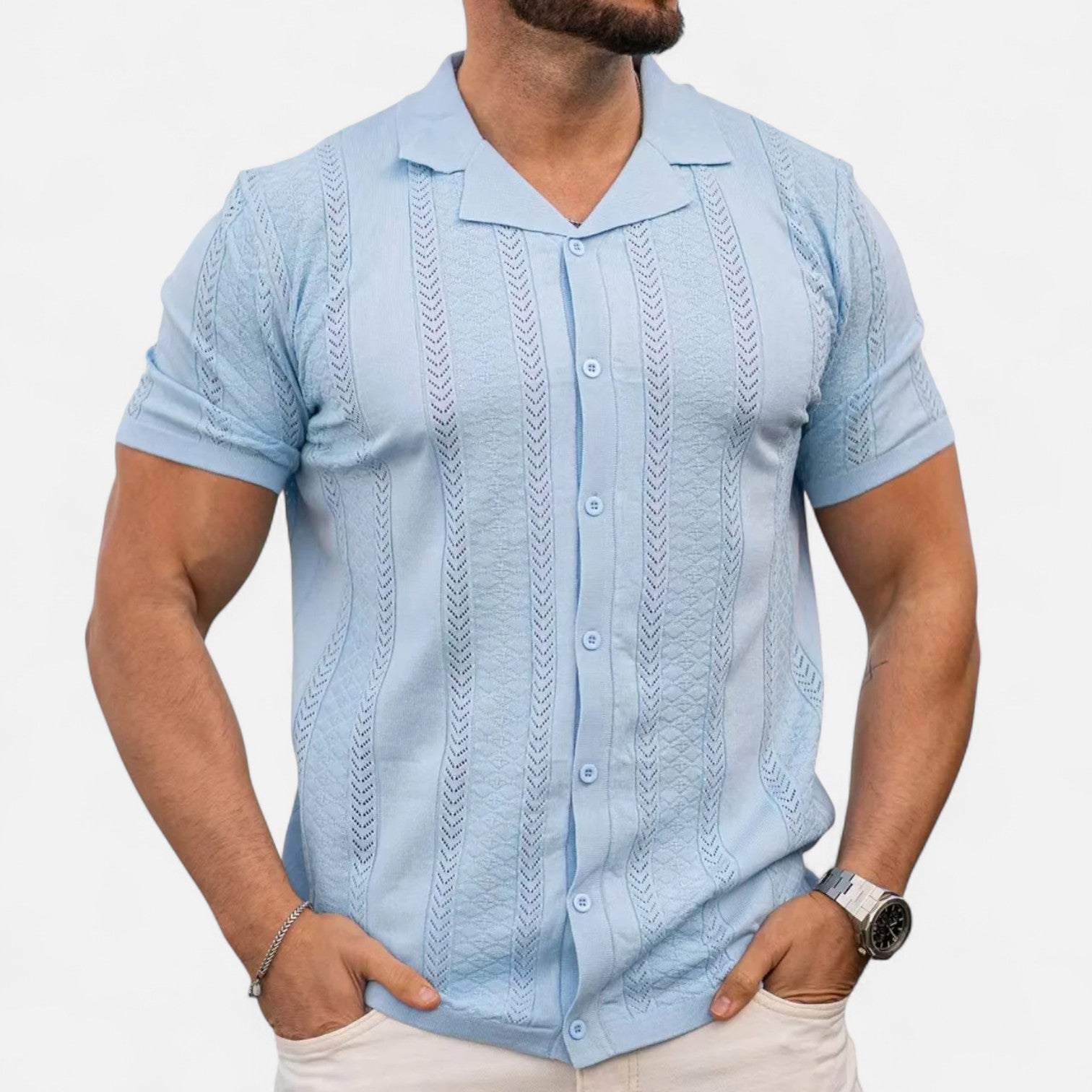 Men's Slim-Fit Knit Cuban Collar Polo - Short Sleeve Chevron Panel Shirt
