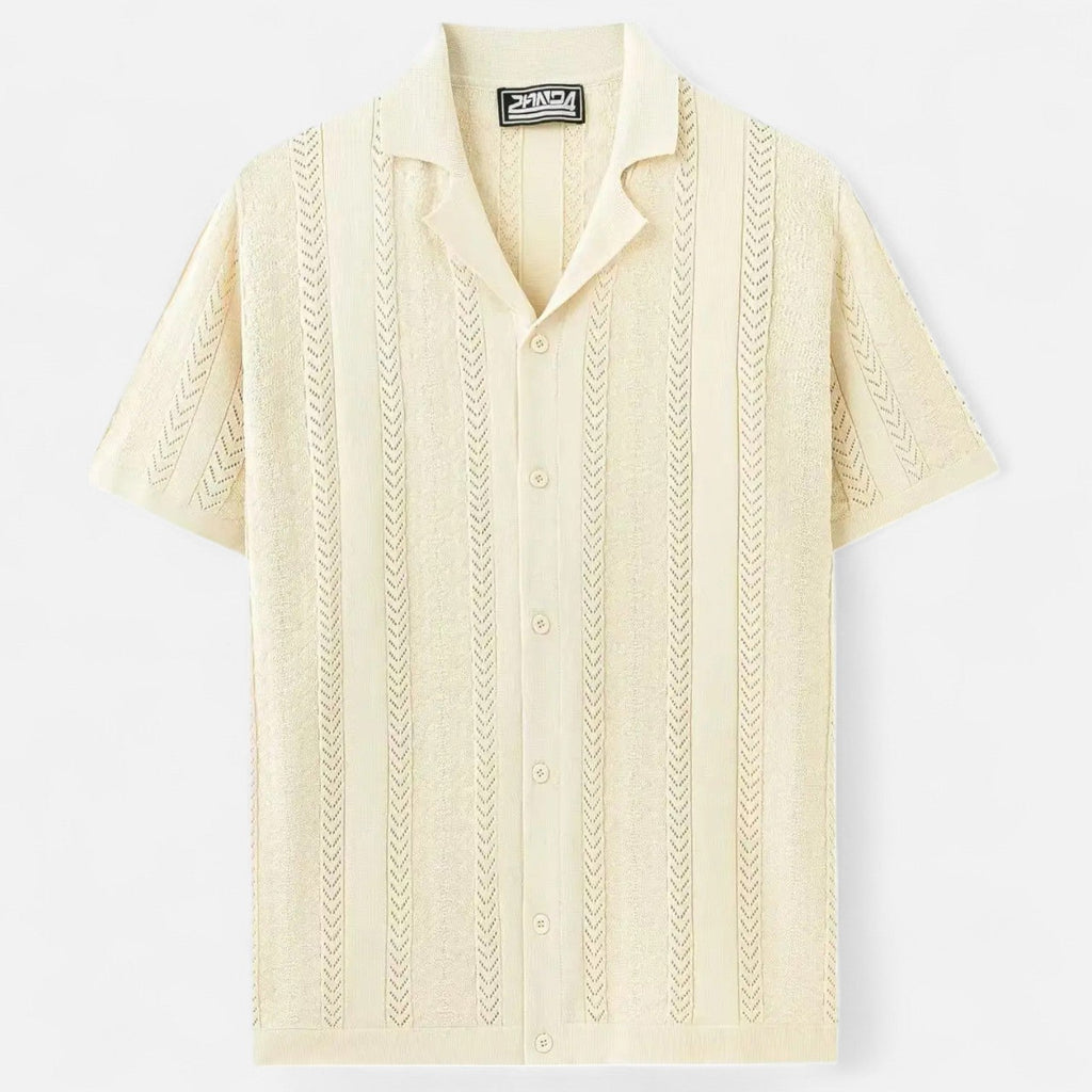 Men's Slim-Fit Knit Cuban Collar Polo - Short Sleeve Chevron Panel Shirt