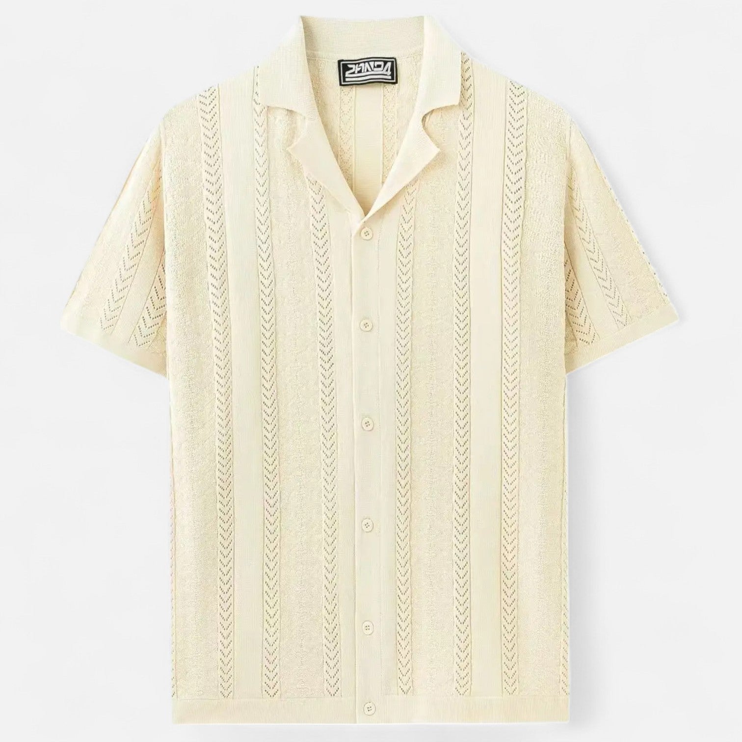 Men's Slim-Fit Knit Cuban Collar Polo - Short Sleeve Chevron Panel Shirt