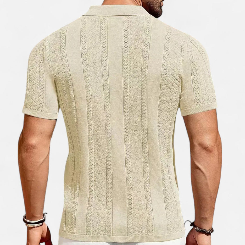 Men's Slim-Fit Knit Cuban Collar Polo - Short Sleeve Chevron Panel Shirt