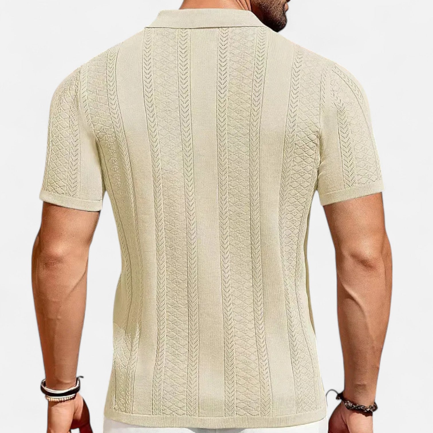 Men's Slim-Fit Knit Cuban Collar Polo - Short Sleeve Chevron Panel Shirt