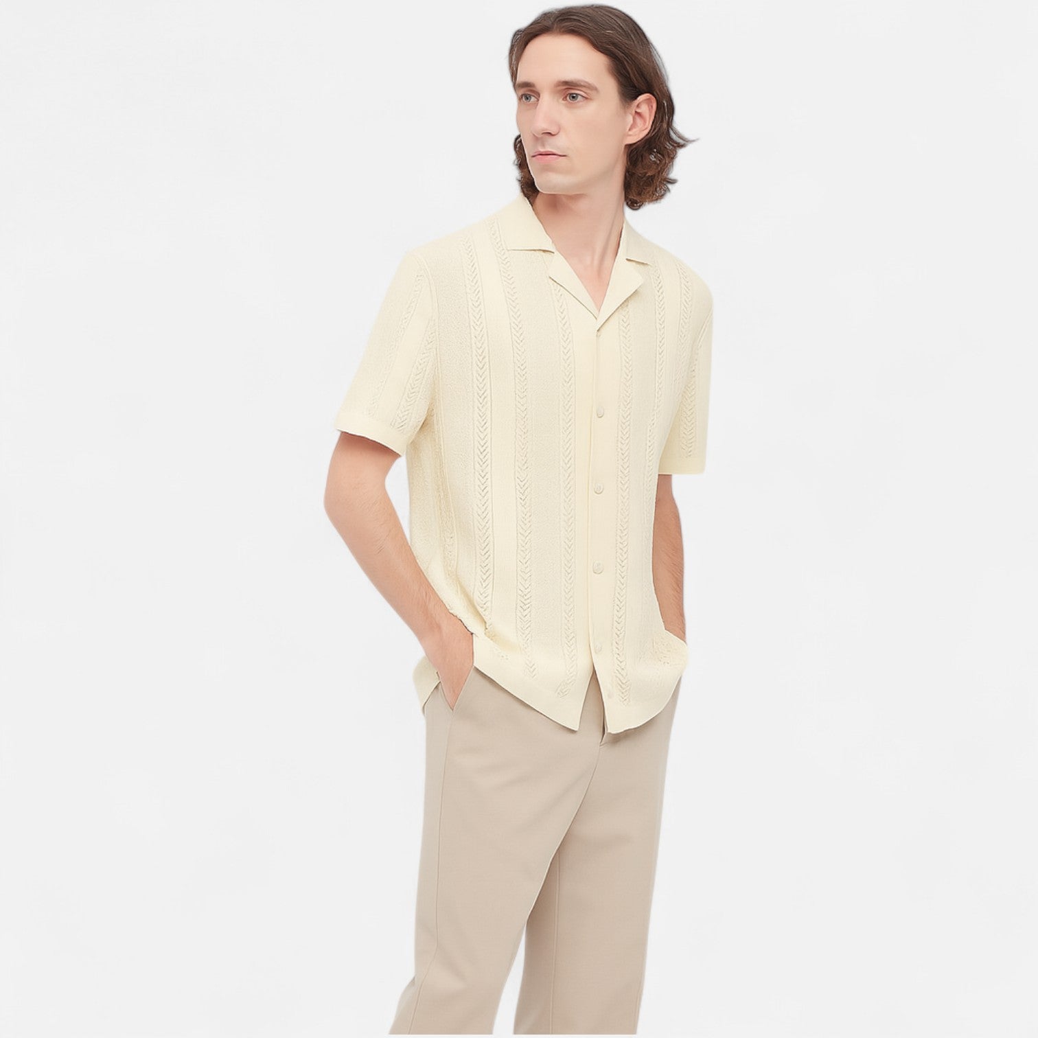 Men's Slim-Fit Knit Cuban Collar Polo - Short Sleeve Chevron Panel Shirt