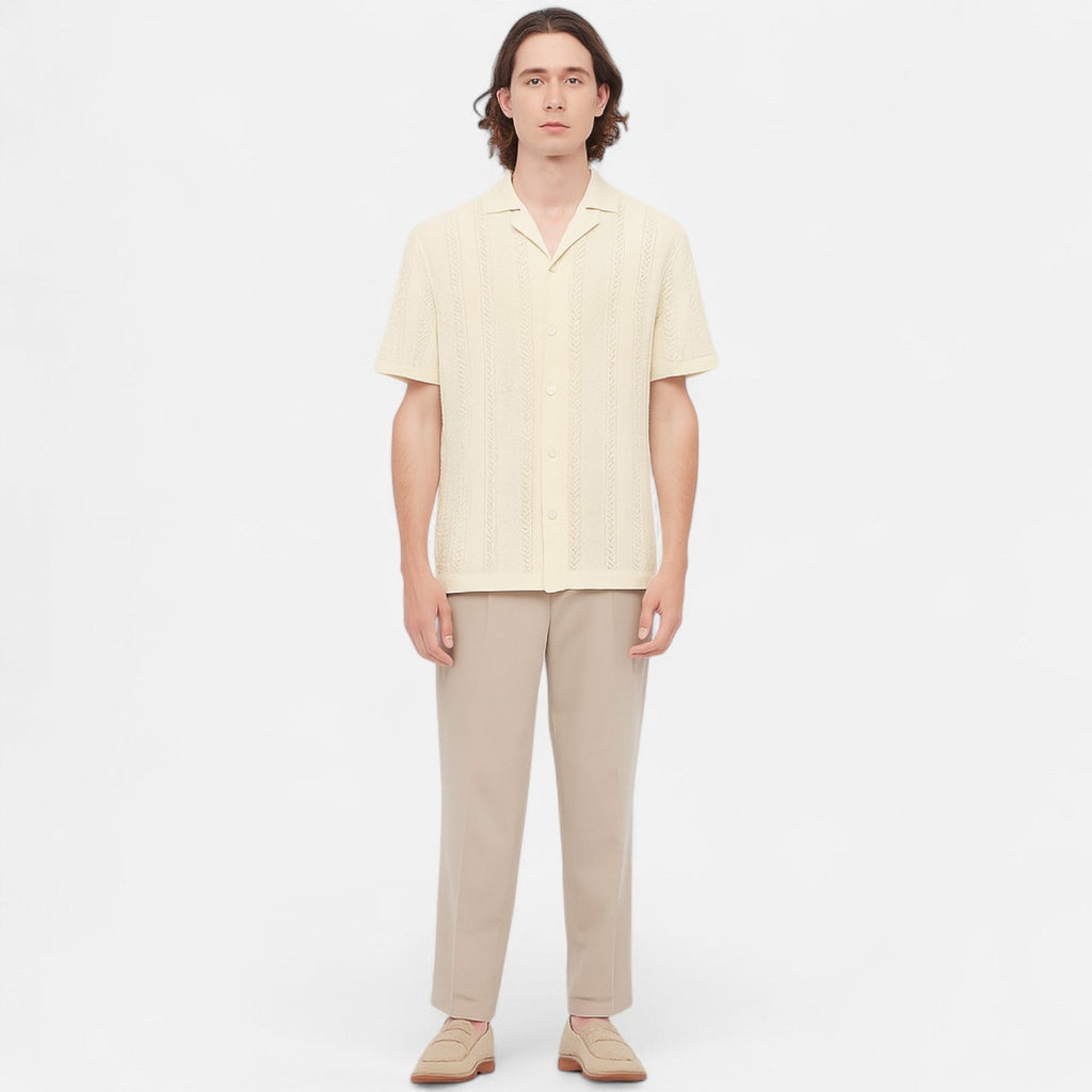 Men's Slim-Fit Knit Cuban Collar Polo - Short Sleeve Chevron Panel Shirt