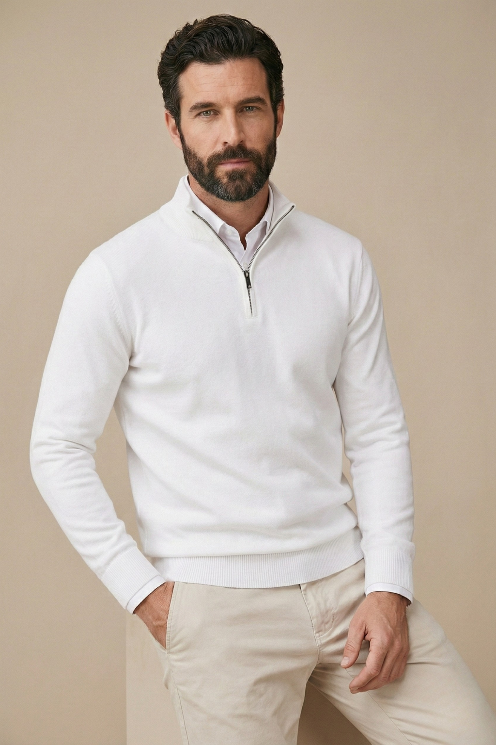 Men’s Half Zip Jumper with Stand Collar and Ribbed Hem