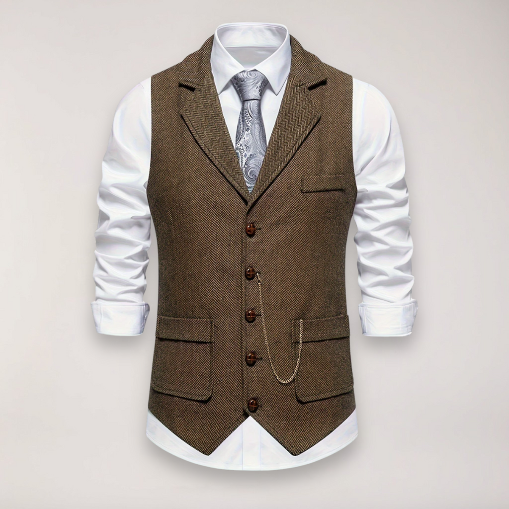 Men’s Herringbone Waistcoat – Classic Fit with Reversed Collar