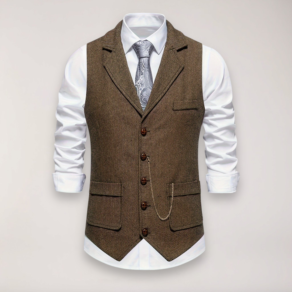 Men’s Herringbone Waistcoat – Classic Fit with Reversed Collar