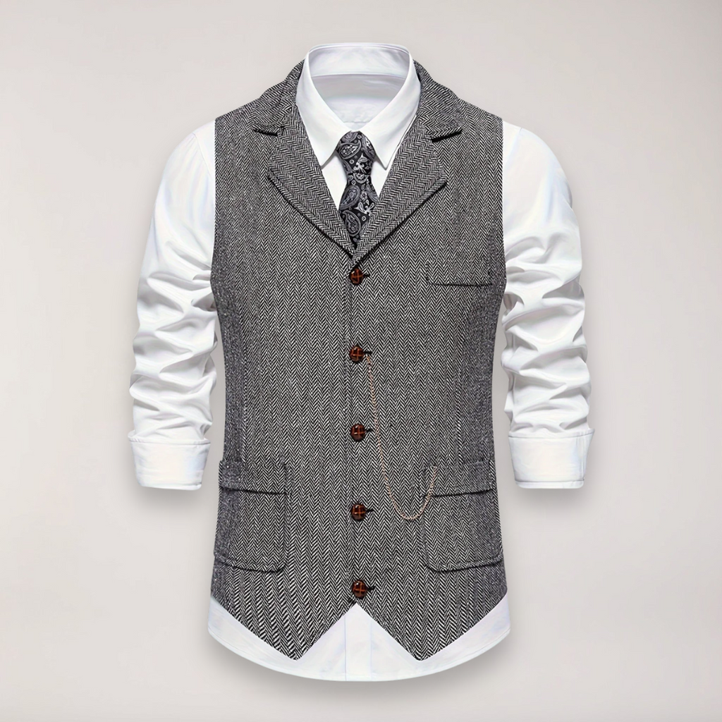 Men’s Herringbone Waistcoat – Classic Fit with Reversed Collar